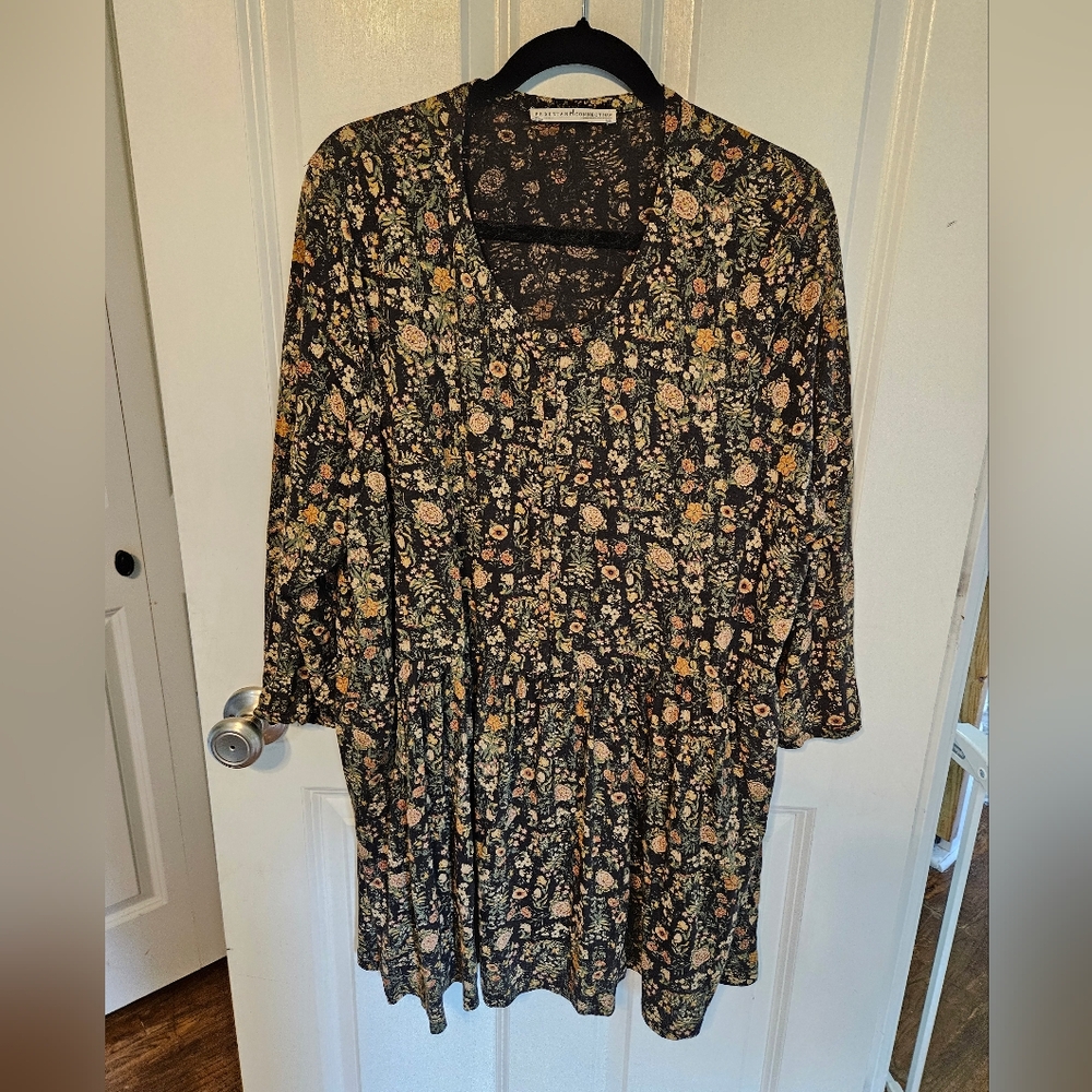 Peruvian Connection Floral Long Sleeve Dress - Black and Tan